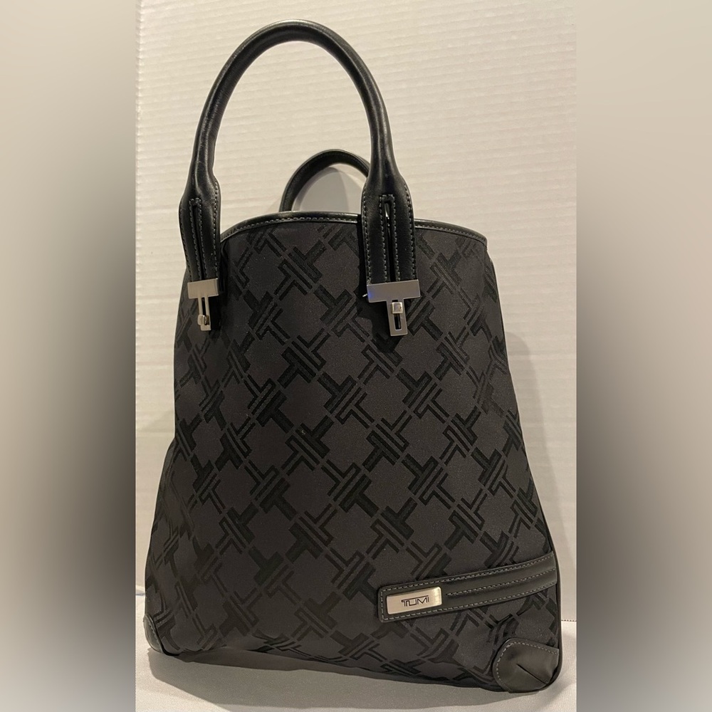 TUMI Black Gray Logo Monogram Canvas Leather Tote Satchel Bag Purse